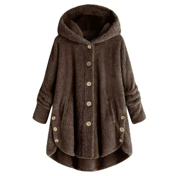 

Women Winter Warm Fluffy Overcoat Button Jacket Tops Loose Hooded Outwear TC21