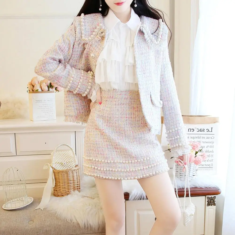 Women suits skirts and jacket 3 pieces set office suit elegant Office Ladies Formal Tweed Blazer Jacket Mini Skirt 2 Piece Set