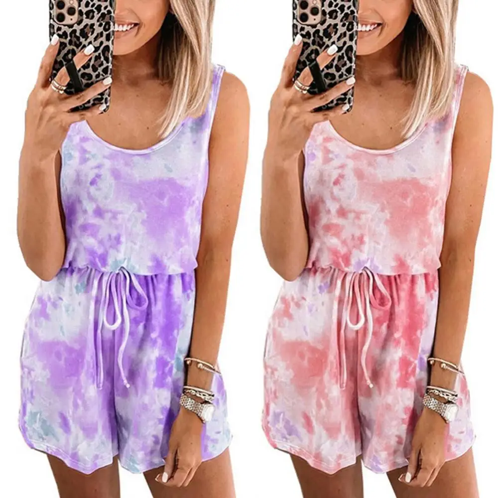 Women Summer Casual Tie Dye Jumpsuits 2021 Fashion Sleeveless Drawstring Jumpsuit O Neck Female Rompers Playsuit Sundress Female