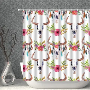

Watercolor Shower Curtain Bull Skull with Flowers and Feathers White Pink Decor Fabric Polyester Bathroom Curtains with Hooks