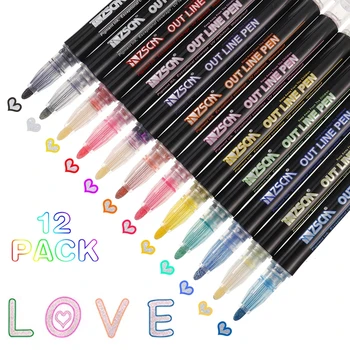 

12 Pcs Highlighter Double Line Art Marker Pens Pastel Liquid Fluorescent Pen School Color Pens Stationery School Office Supplies
