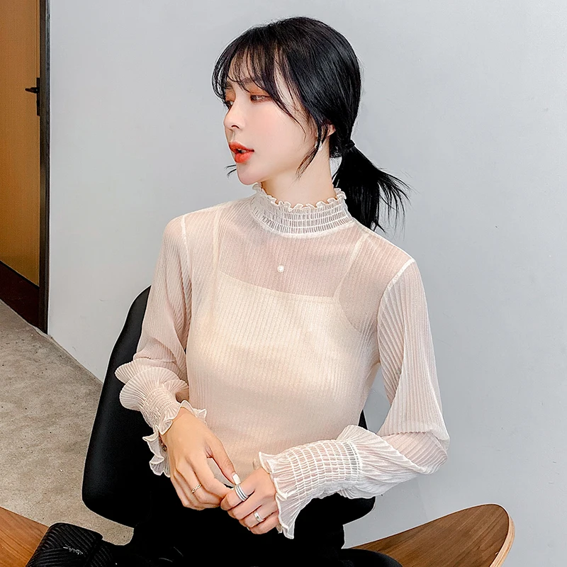 

COIGARSAM Casual Full Sleeve blouse women New Spring Chiffon Solid Stand Neck blusas womens tops and blouses Apricot 8793