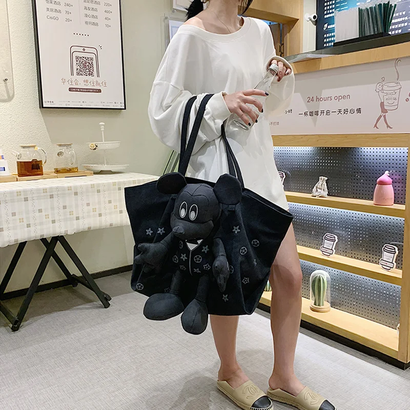 Anime Mickey Mouse Double Shoulder Bag Women Bag Canvas Bag Trend Female  Cosmetic Bag Student Bag Large Capacity Plush Bag - AliExpress