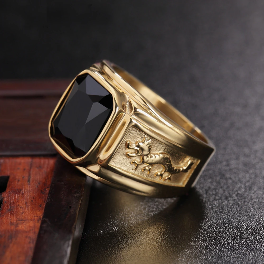 Anillo de acero inoxidable con diseño creativo para hombre, amuleto, piedra roja, negra, cuadrada, Punk, Retro, dorado, doble Dragón, regalo de joyería|Anillos|