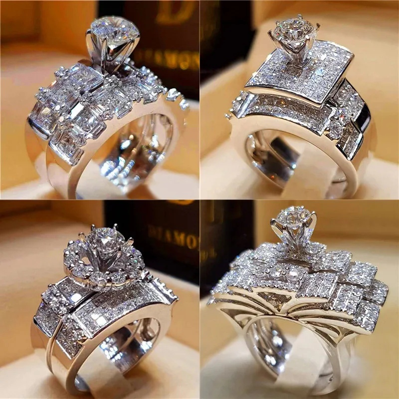 

Boho Female Crystal Zircon Wedding Ring Set Fashion 925 Silver Big Stone Finger Ring Promise Bridal Engagement Rings For Women
