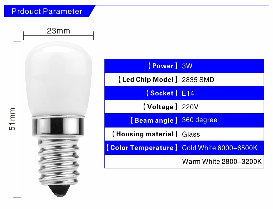 Светодиодный лампа для холодильника E14 3W лампа для холодильника AC 220V Светодиодный светильник белый/теплый белый SMD2835 заменить галогенный светильник s