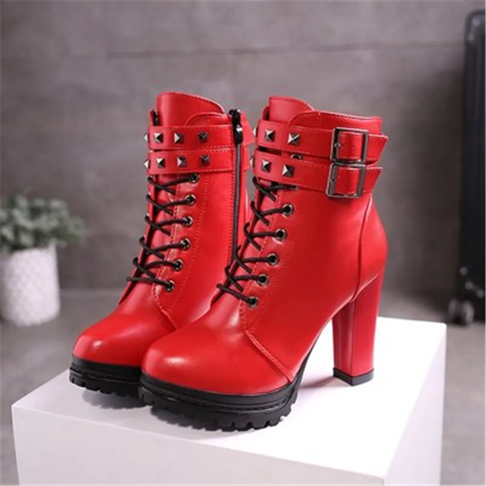 2024 New Fashion Black Red Ankle Boots Women Spring Autumn Lace-Up Soft Leather Platform Shoes Woman Party Short Boots High Heel