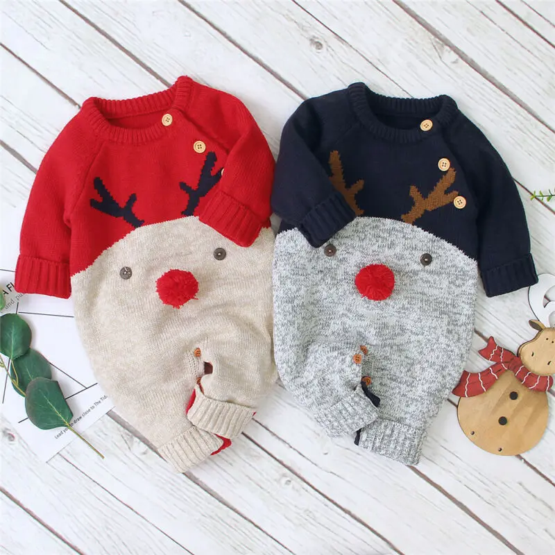 Winter Warm Infant Baby Xmas Jumpsuit Long Sleeve Comfort Knit Cartoon Christmas Elk romper 0-18M Newborn Boys Girls Clothes