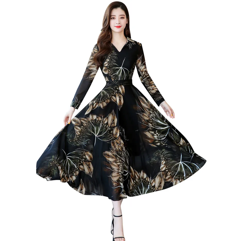 

Fashion dress Women Sexy V-Neck Long Sleeve Long Maxi Dress 2019 Autumn Winter Female Elegant Ladies Floral Print A-line Dress