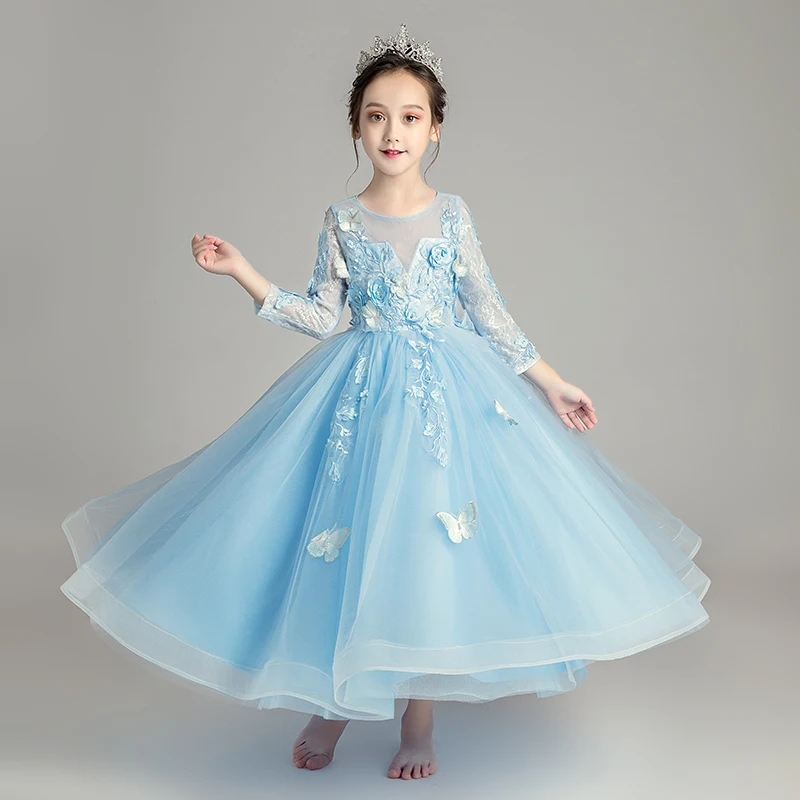 

Blue Tulle Appliques Kids Ball Gown First Holy Communion Pageant Dress for Birthday Party Dress Flower Girl Wedding Dresses