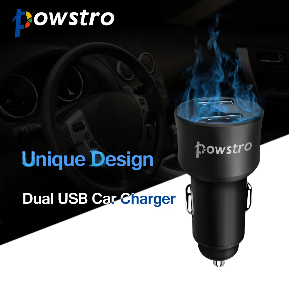 Адаптер для быстрой зарядки Powstro 2 USB Автомобильное зарядное устройство H2 5V 3.4A цифровой экран металлическое охлаждающее Напряжение Мониторинг тока Автомобильное зарядное устройство