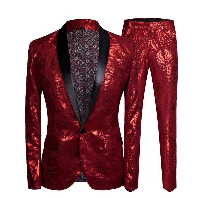 shawl lapel suits Aismz мужской костюм Slim Fit Homme красная Роза Позолоченный комплект из 2 предметов свадебные костюмы для новейшего дизайна пальто брюки певица одежда для сцены - Цвет: shawl lapel suits