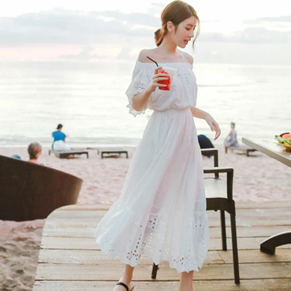 

Bohemian Long Skirts Women's Summer White Beach Skirt Seaside Holiday Beach Tube Top off-Shoulder Immortal Dress