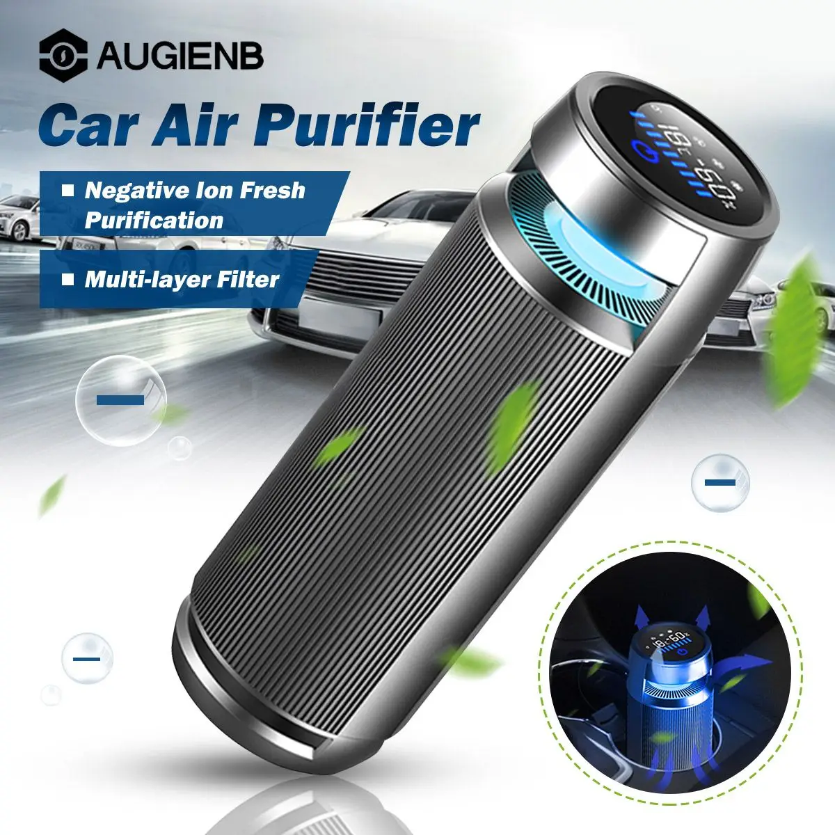 

AUGIENB USB Car Air Purifier Negative Ion Air Cleaner for PM2.5 Formaldehyde Smoke Odor Allergies LED Light Fast Frash Air