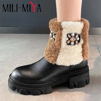 

MILI-MIYA Fashion Crystal Women Cow Leather&Sheep Fur Snow Boots Square Heels Round Toe Slip-On Warm Plush Winter Shoes Handmade
