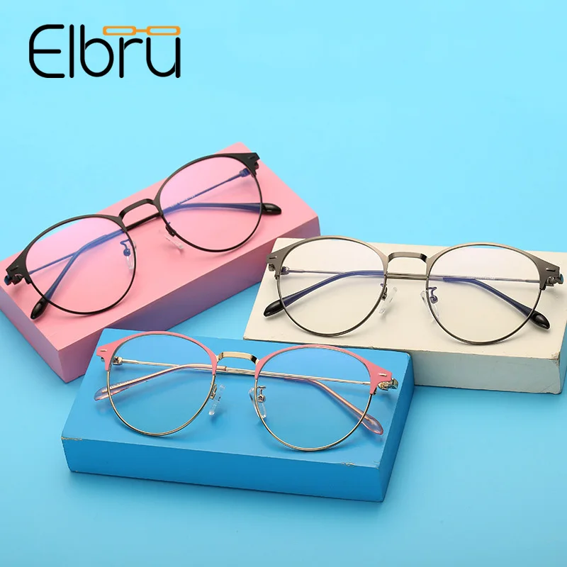 

Elbru 2019 Brow Shape Ultralight Anti Blue Light Glasses Fashionable Metal Round Optical Myopia Spectacles Frames for Men Women