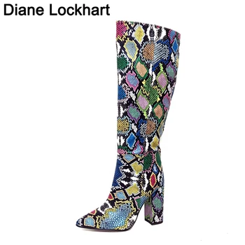 

Colorful Snake Skin Boots Women High Heels Thick Mid-calf Boot Distressed Pointed Toe Zip Shoe Pleated Knee Boots Slouch 2020