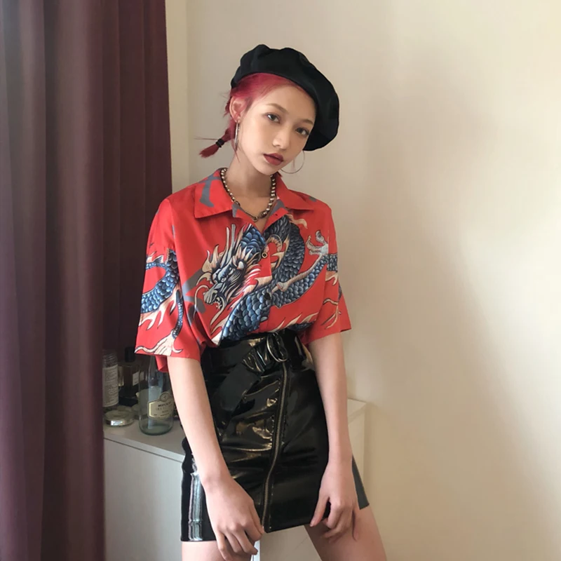 2020 Summer Spring Women Blouses BF stylle oversize shirts Harajuku Tops Dragon Print Short Sleeve Shirts Female Streetwear