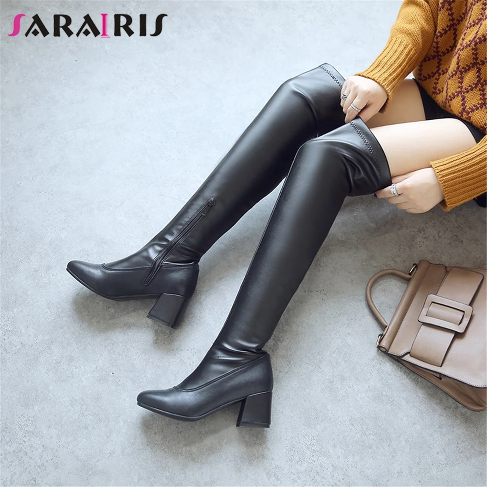 

SARAIRIS Plus Size 32-46 Ladies Elegant Over The Knee Knight Boots Women 2019 Thigh High Boots High Chunky Heels Shoes Woman