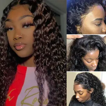 

Jet Black Water Wave 150% Density Curly Lace Front Wigs Human Hair Remy Deep Curly Natural Hairline Middle Ratio For Black Women