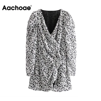 

Women Fashion Leopard Chiffon Dress V Neck Puff Long Sleeve Streetwear Mini Dresses Lady Ruffles Female A Line Dress Sundress