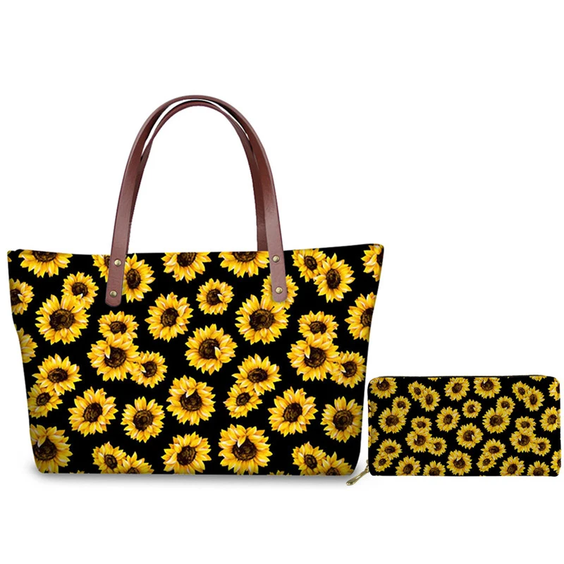 

WHEREISART Daisy Sunflowers Print Handbags Set Women Brand Designer Tote Shoulder Bags Casual Travel Top-handle Bag Bolsa Mujer