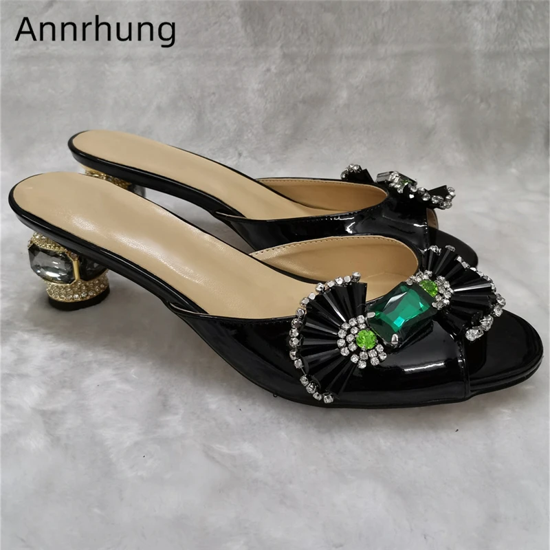 

Sweet Crystal Candy Bowtie Runway Mules Jeweled Rhinestone Heel Sexy Open Toe Shiny Patent Leather Outwear Slippers Women