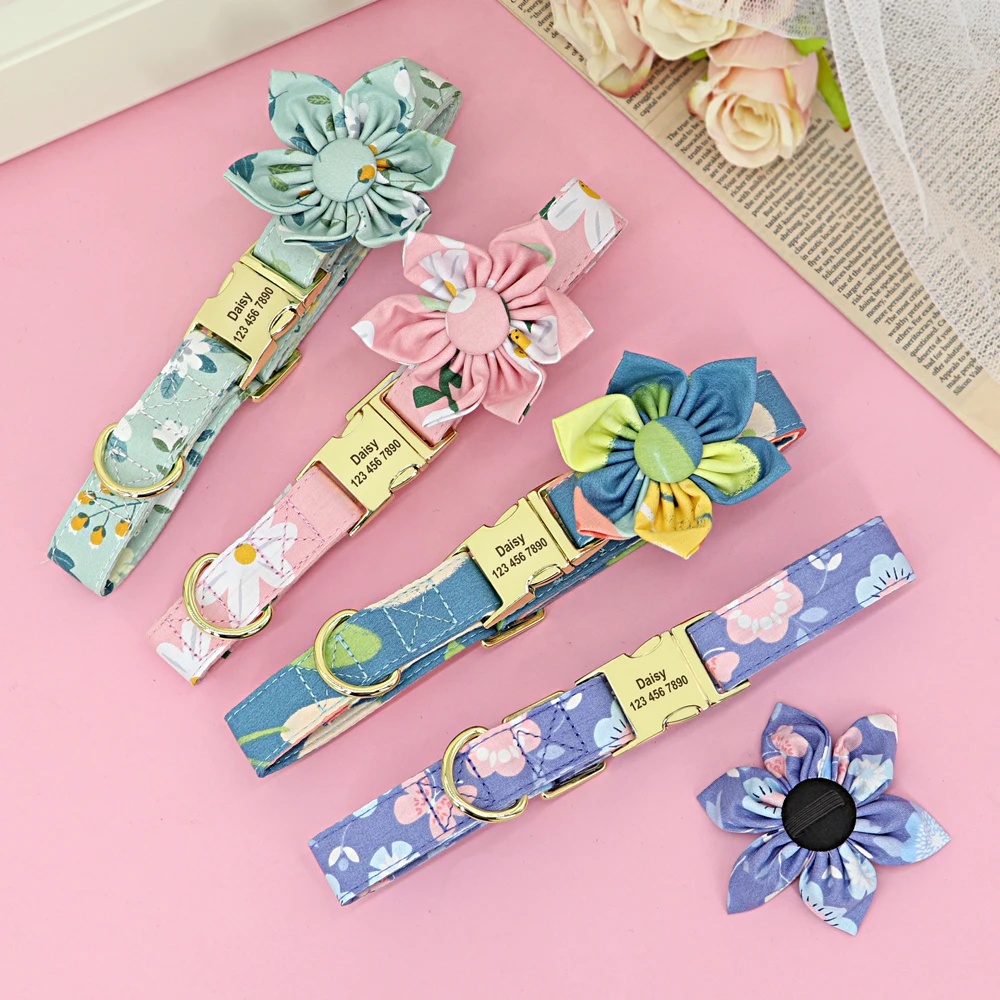 

Pretty Nylon Dog ID Collar Personalized Dogs Collars Free Engraving Pet ID Tag Buckle With Flower For Small Medium Large Dogs