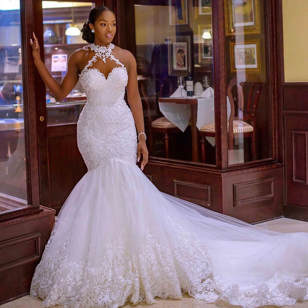 

Роскошные свадебные платья с юбкой-годе Aso Ebi арабское платье невесты с лямкой на шее с аппликацией знаменитостей Свадебные платья для женщин Cltohing