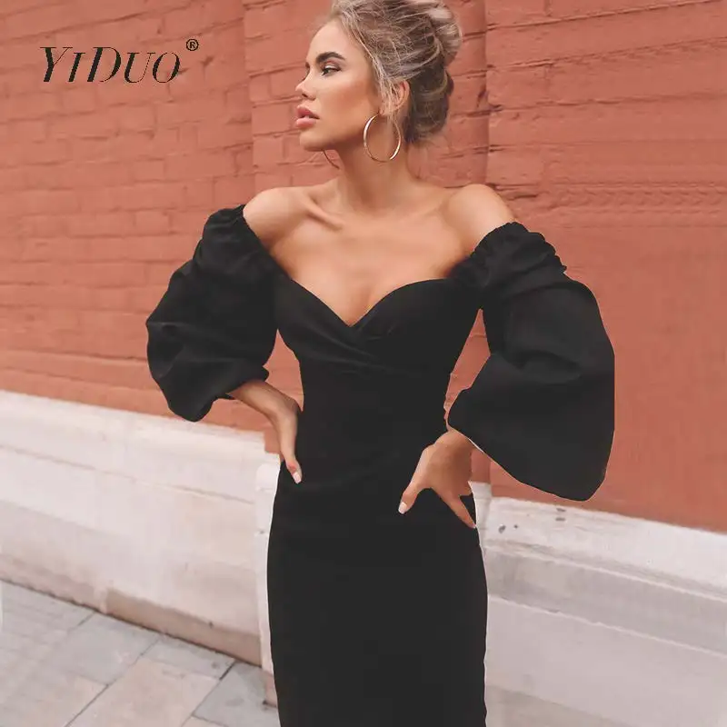 Женское офисное платье до колен YiDuo Осень зима 2019 женское сексуальное черное миди
