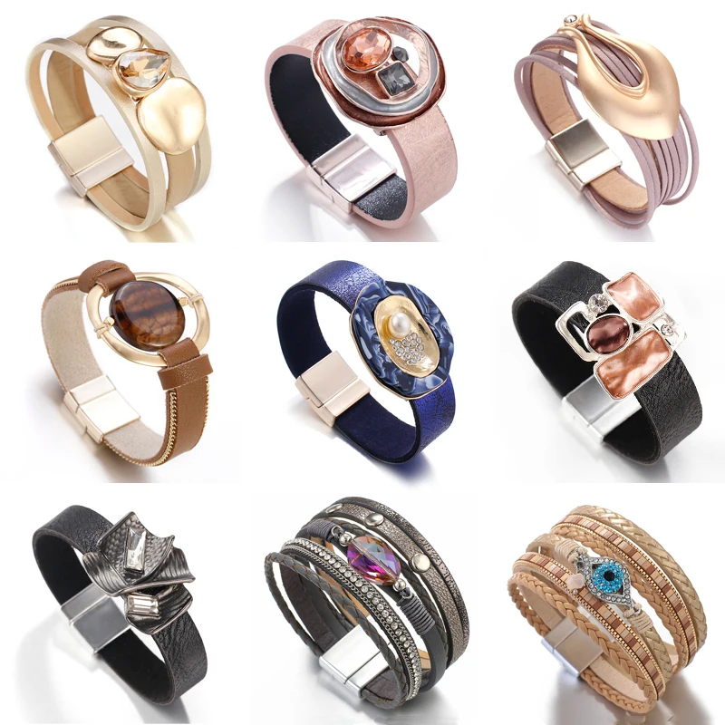 Amorcome Rhinestone Leather Bracelets for Women 2020 Fashion Charm Ladies Bohemian Crystal