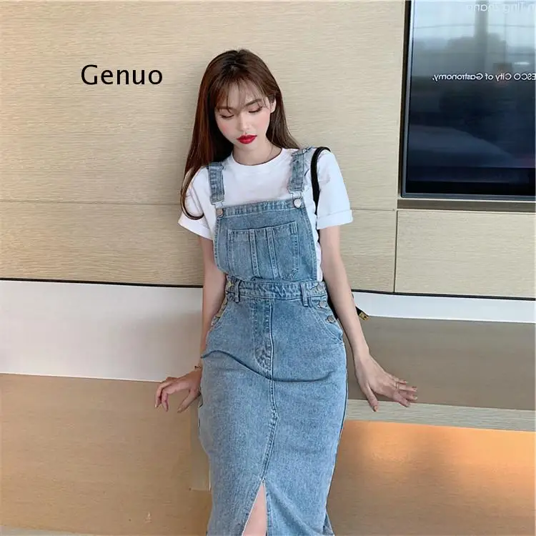 

Pockets Korean Medium-Length Dress Women Denim New Fashion Suspender Blue Black Sleeveless Solid A Line Denim Dress Women