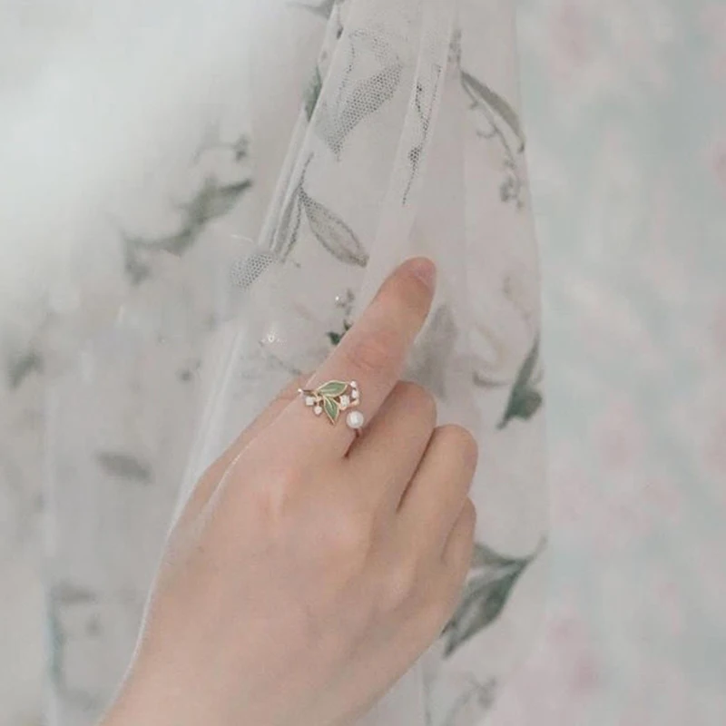 Lily of the valley element silver inlaid pearl enamel porcelain ladies ring