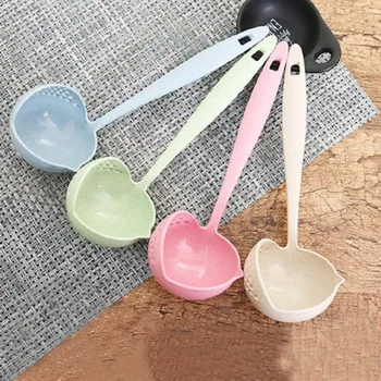 

Hot Sales Wheat Straw Spoon Ladel Colander Two-in-One Long Handle Plastic Large Spoon Tableware