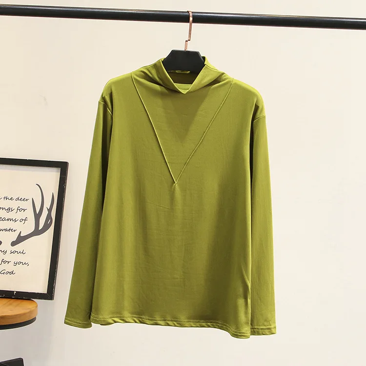 Однотонные повседневные футболки, женские водолазки, топы, весна-осень, теплые свободные топы с длинным рукавом размера плюс, топы KKFY4242 - Цвет: Зеленый