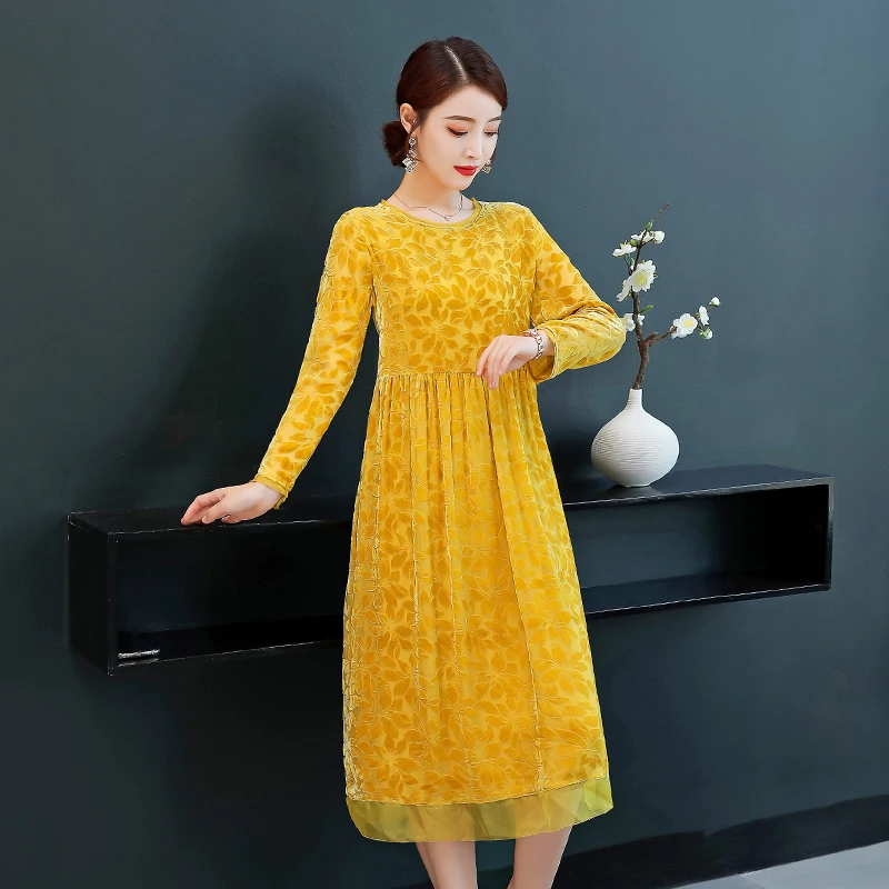 Женское весеннее желтое платье элегантное с длинным рукавом женское корейское