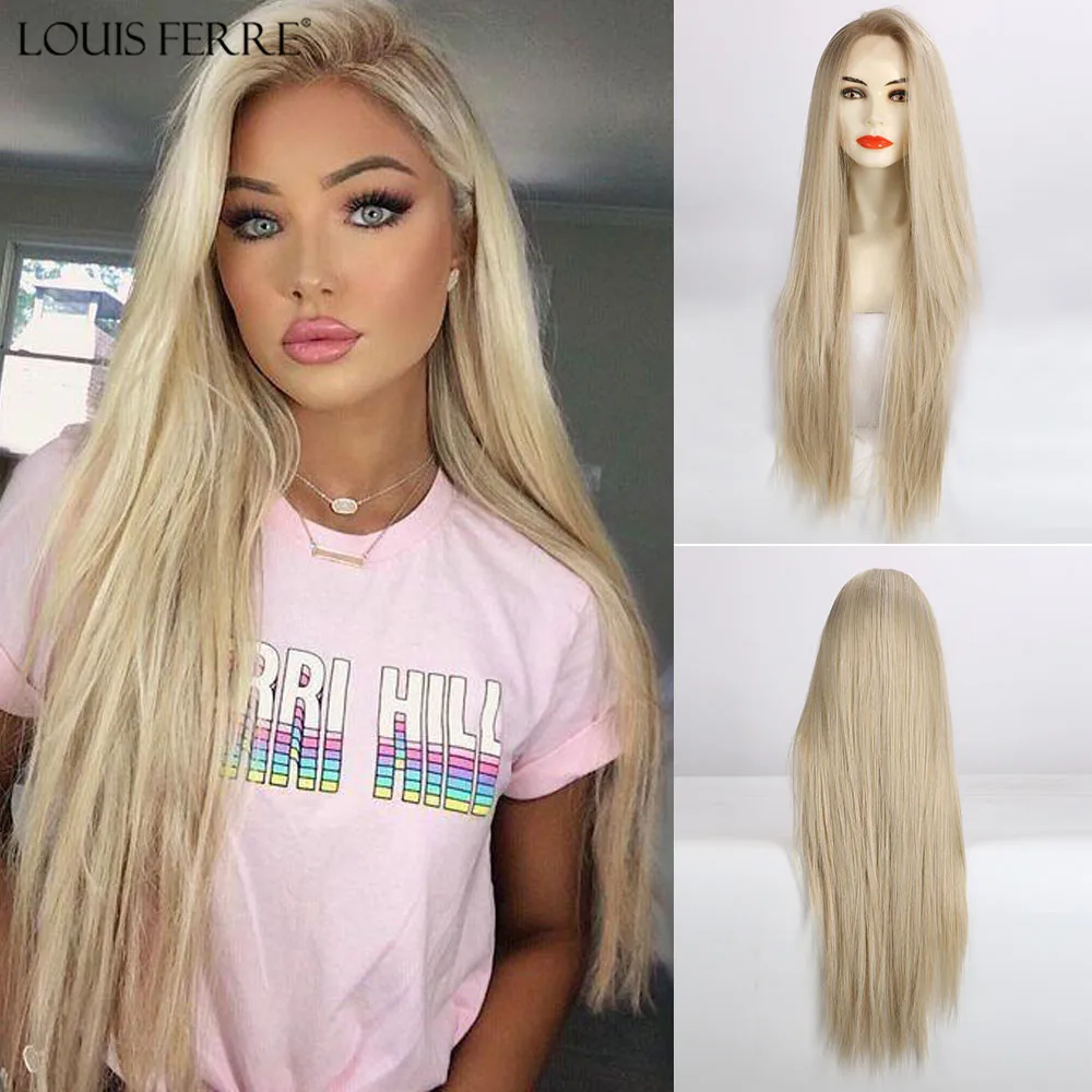 

LOUIS FERRE Free Part Brown Ombre Light Blonde Lace Front Wig Heat Resistant Long Straight Cosplay Synthetic Lace Wigs for Women