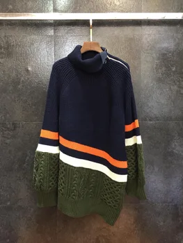 

2019 New Fashion High Collar Stripe Stitching Wool 100% Long Sweater