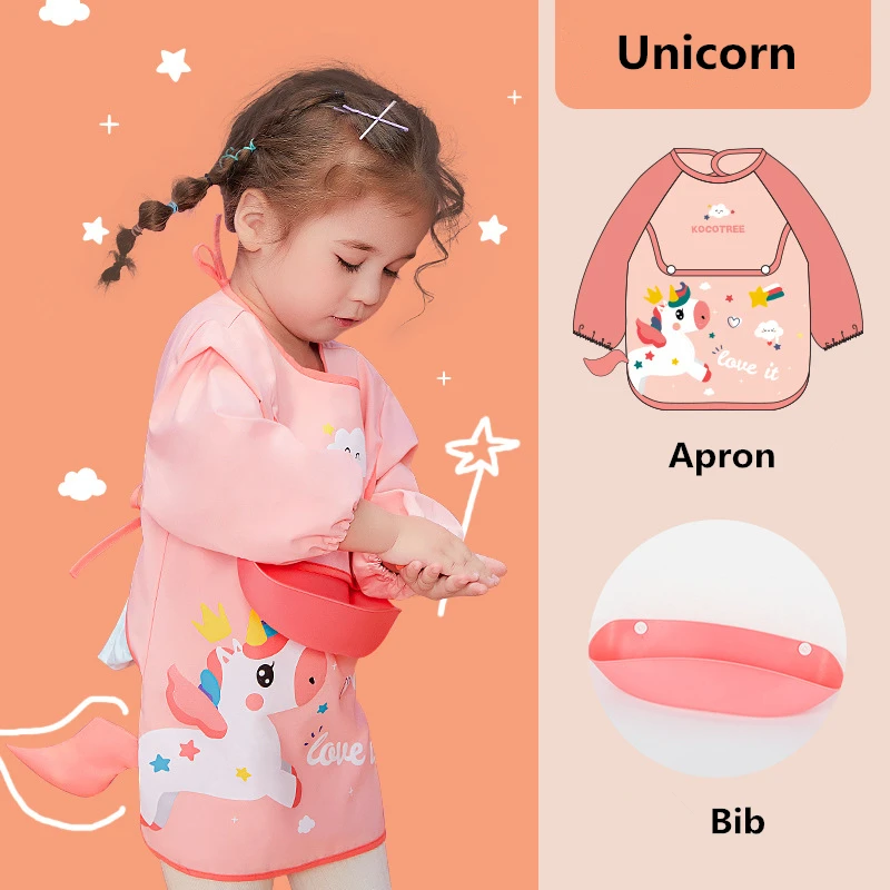 

Cartoon Unicorn Style Baby Waterproof Apron With Detachable Bib Children Long Sleeves Bib Kids Kitchen Baking Cake Pinafore