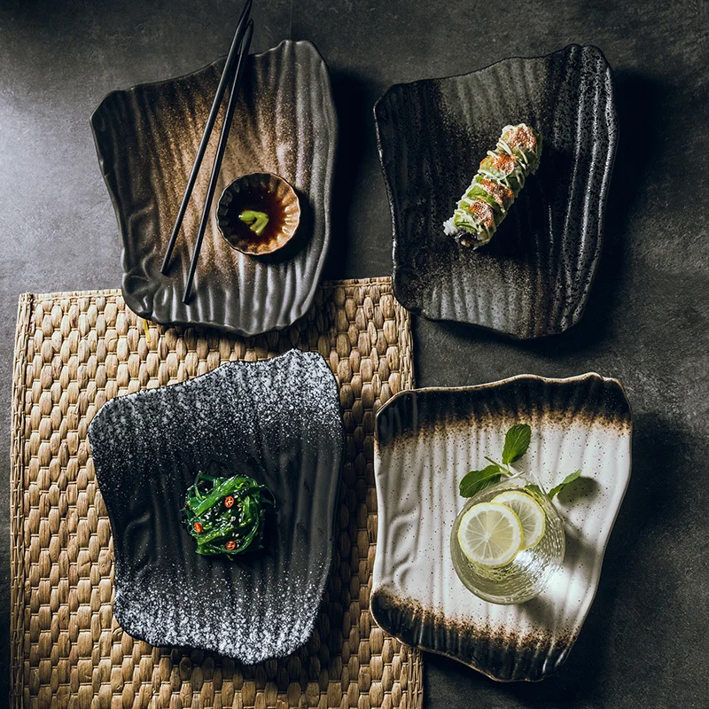 Plato de sushi de cerámica de 10 pulgadas placa plana irregular de estilo japonés, plato de desayuno negro, plato de aperitivo casero, 1 Uds.