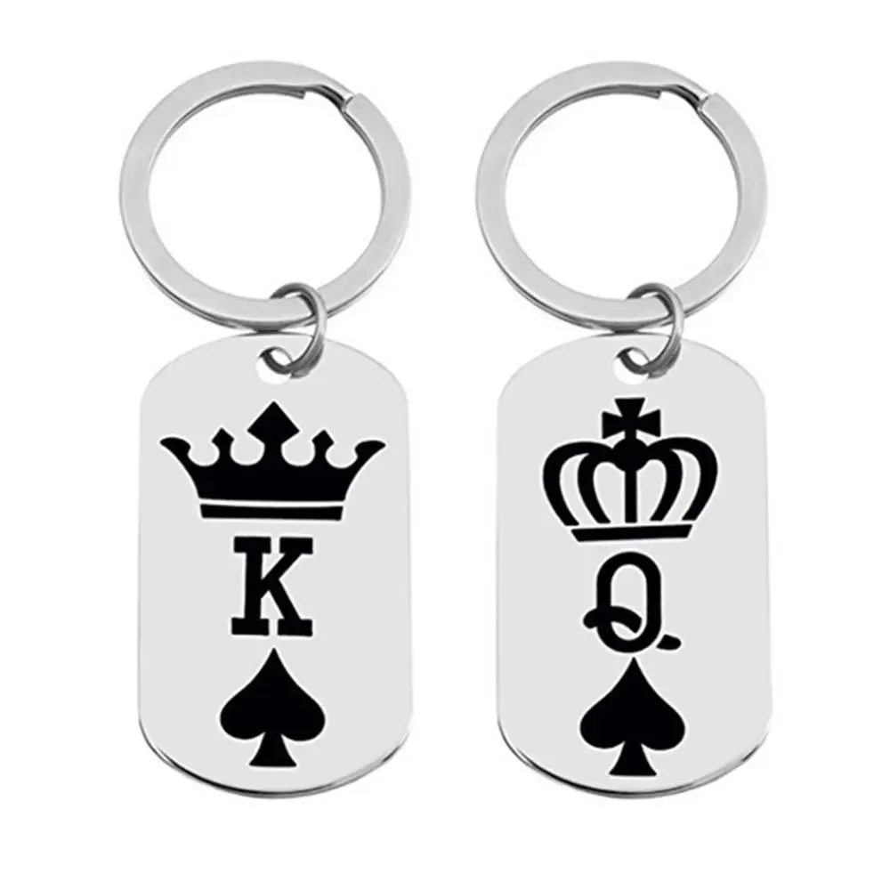 

King Queen Crown Dog Tag Playing Card Spade K Q Key Chains Rings for him her valentine engagement anniversary gift