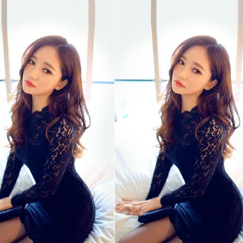 

Sexy Lingerie Women's Lace Bodycon Backless Hollow Mini Dress Party Nightdress Sexy Lace Halter Black Tight Cheongsam Pajamas
