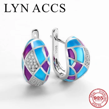 

LYNACCS Fashion Silver Earrings for Women Grid Enamel with Clear CZ 100% 925 Sterling Silver Blue Purple Earring Elegant jewelry