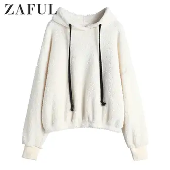 

ZAFUL Warm Women Contrasting Drawstring Fleece Pullover Hoodie Oversied Faux Fur Fluffy Long Sleeve Solid Pullovers White
