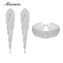 Minmin Блестящий серебряный цвет стразы свадебный набор украшений для женщин великолепные массивные Серьги-кисточки браслет набор EH1647+ SL341
