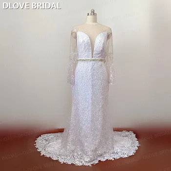 شراءفاخر الفضة مطرز الدانتيل حورية البحر فستان الزفاف كم طويل فستان زفاف حجم كبير Vestido De Noiva صور حقيقية