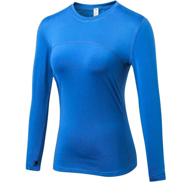 Better Quality Long Sleeve T-shirts Women Yoga Gym Compression Tights Sportswear Fitness Quick Dry Running Tops Body Shaper Tee blue