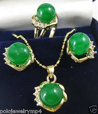 FREE SHIPPING&gt&gt@&gt New Jewelry 10mm Green Jade Earrings Ring &amp Necklace Pendant SetAAA 18K GP Plated gold Bridal wide watch w |