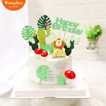 

Monstera Deliciosa Lion Green Forest Cactus Theme Happy Birthday Cake Topper Kids Favors Safari Birthday Party Supplies