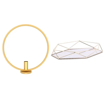 

3D Gold Round Metal Candlestick Wall Candle Holder Geometric Tealight (Gold) & Nordic Style Glass Copper Geometry Hexagon Storag